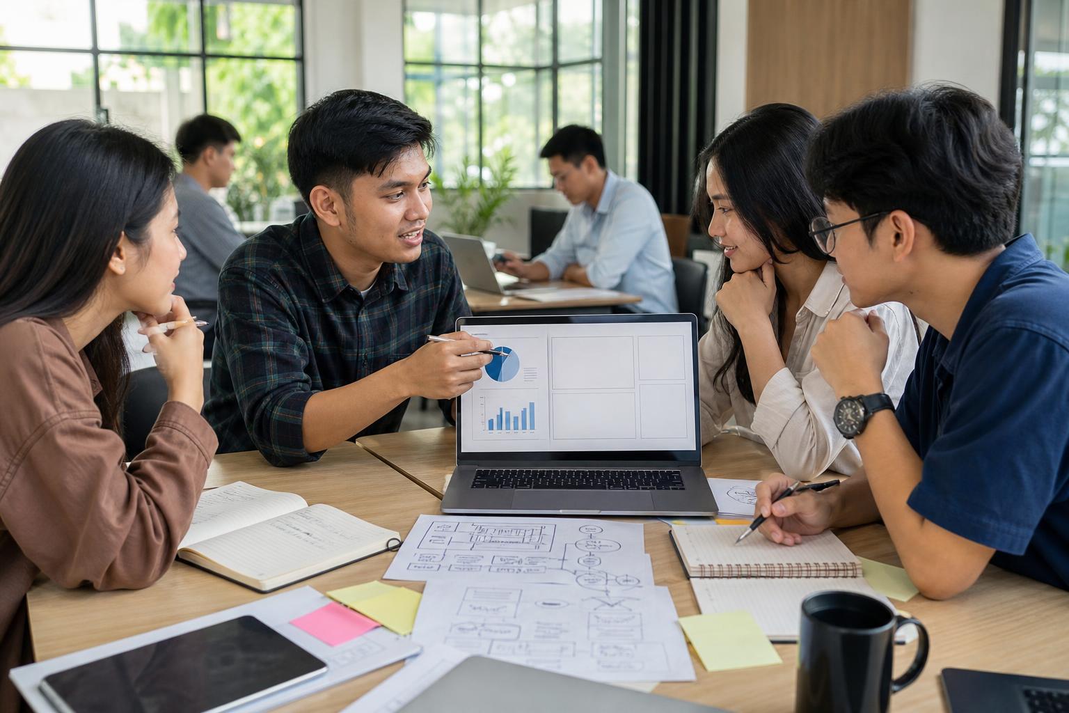 Mahasiswa berdiskusi menyusun pitch deck bisnis dengan laptop, grafik sederhana, dan catatan ide di ruang kerja kampus
