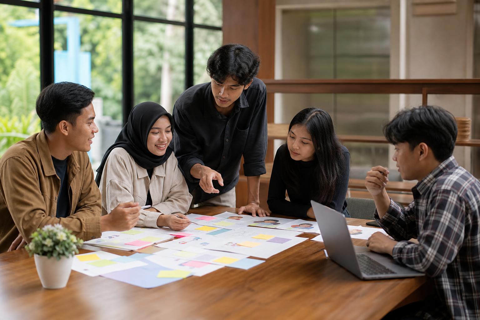Mahasiswa berdiskusi menyusun proposisi nilai untuk ide bisnis dengan catatan dan sketsa solusi