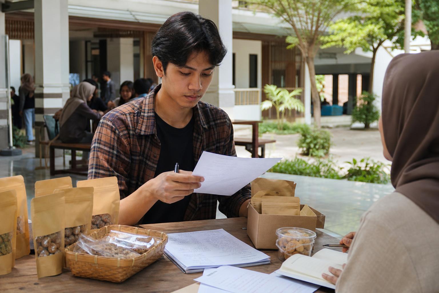 Mahasiswa meninjau catatan pelanggan dan produk usaha kecil di meja kampus