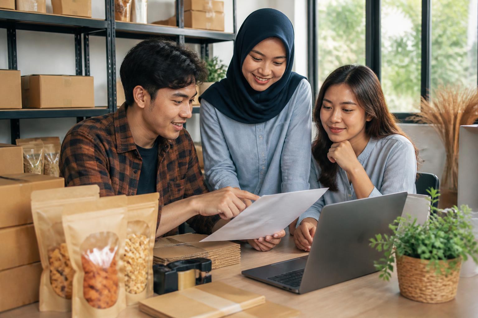 Mahasiswa berdiskusi sambil memeriksa checklist operasional di ruang kerja bisnis kecil