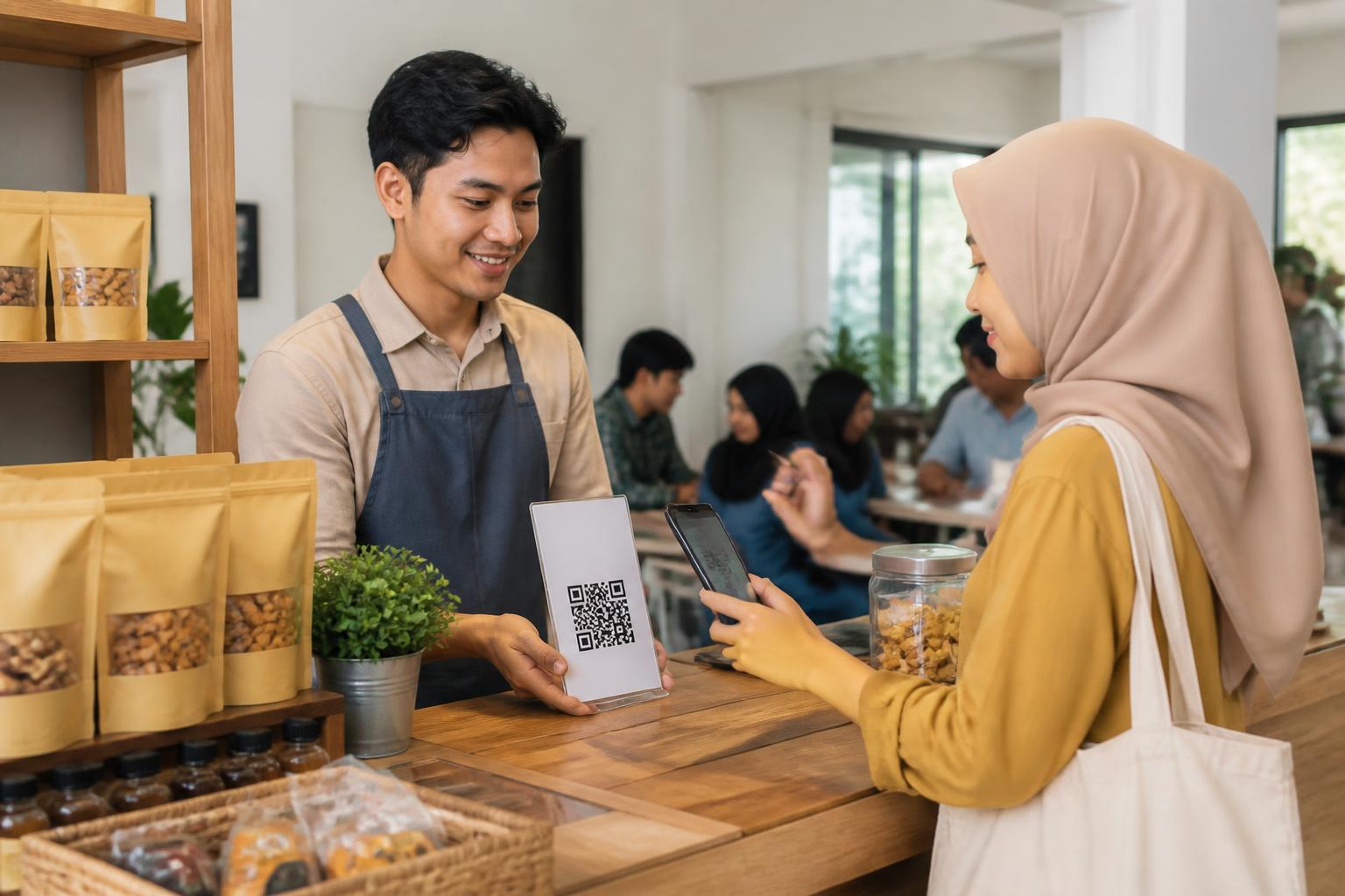 Mahasiswa menerima pembayaran digital melalui kode QR di meja usaha kampus