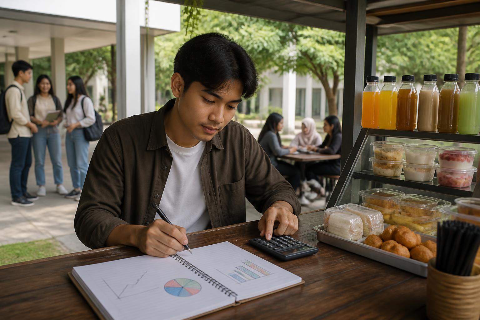 Mahasiswa menghitung titik impas bisnis dengan kalkulator dan catatan keuangan di meja usaha makanan