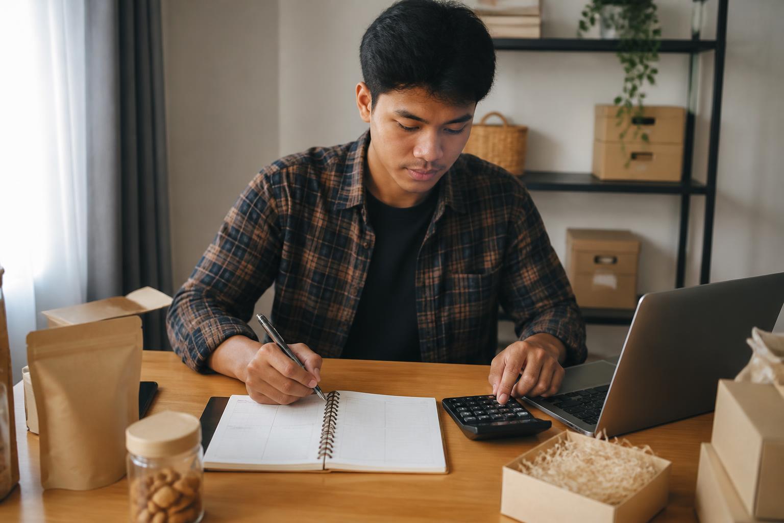 Mahasiswa menyusun rencana anggaran bisnis dengan buku catatan, kalkulator, laptop, dan contoh kemasan produk